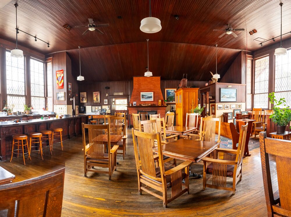 The Station Restaurant in Lake Louise Interior featuring original railway memorabilia and rustic wood décor